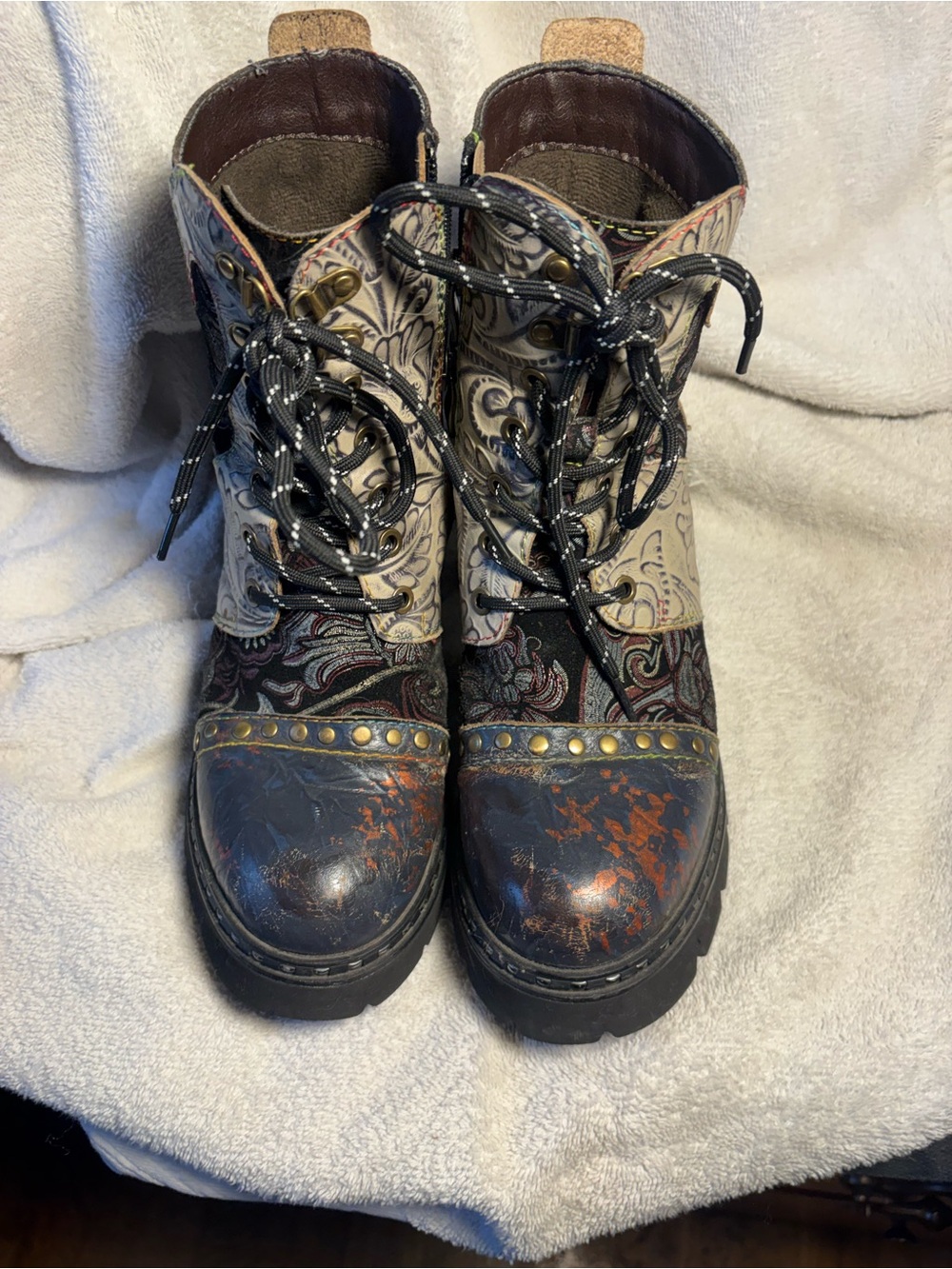 Paisley Lace-Up Combat Boots in Black and Brown